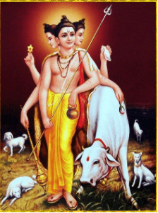 Lord Shiva standing with Nandi and animals in a vibrant, spiritual scene.